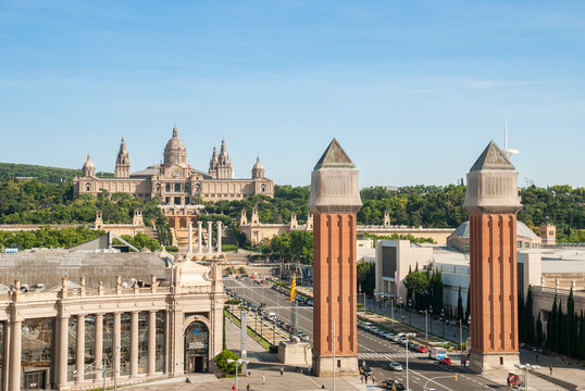 Venetian Towers and National Palace on Plaza de Espana in Barcel