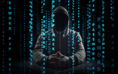 hacker at work with graphic user interface around