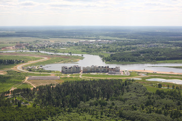 Fototapeta na wymiar Aerial Views - Hotel on the river bank