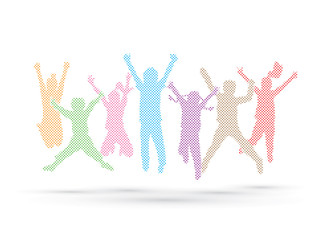 Group of children jumping , Front view designed using colors dots graphic vector.