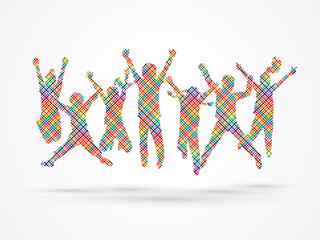 Fototapeta na wymiar Group of children jumping , Front view designed using colorful pixels graphic vector.