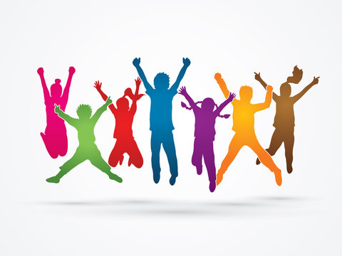 Group of children jumping , Front view designed using rainbows colors graphic vector.