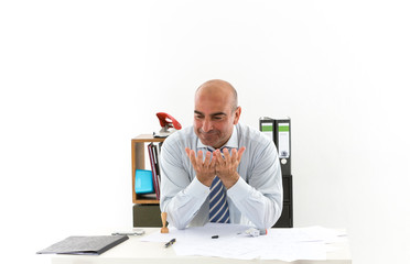 Office worker at desk with face expression