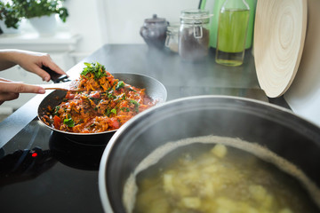 fried onions and carrots, filling soup, garlic, homemade food, chopped parsley, dill