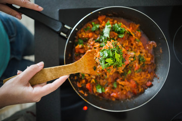 fried onions and carrots, filling soup, garlic, homemade food, chopped parsley, dill