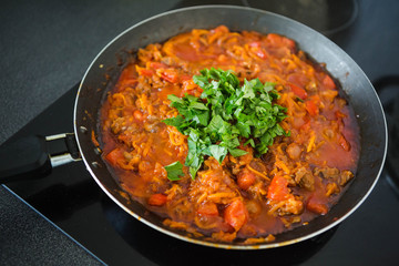 fried onions and carrots, filling soup, garlic, homemade food, chopped parsley, dill