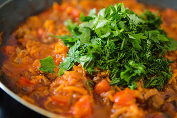 fried onions and carrots, filling soup, garlic, homemade food, chopped parsley, dill