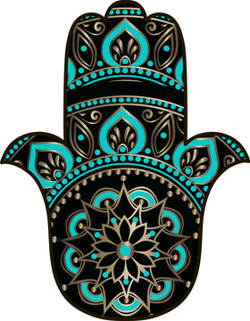 drawing of a Hand of Fatima (Hamsa) in black, gold and turquoise colors on a white background