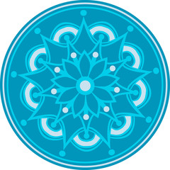 Drawing of a floral mandala in blue and grey colors on a white background