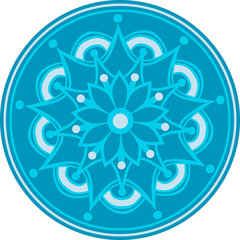 Drawing of a floral mandala in blue and grey colors on a white background