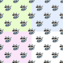 Four baby seamless pattern with a smiling raccoon, on a green, blue, pink and white background