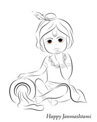 Little cartoon Lord Krishna with pot of butter. Greeting card for Krishna birthday. Happy janmashtami. Vector illustration.