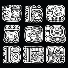 Maya glyphs, writing system and languge vector design  on black background