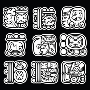 Maya glyphs, writing system and languge vector design  on black background