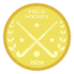 Gold medallion with sticks and ball for field hockey. Colored ve