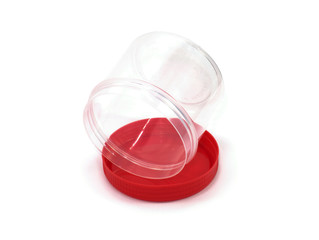 plastic transparent cylinder container with red coloured lid