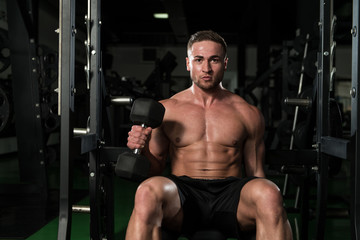 Fototapeta na wymiar Young Man Exercise Biceps With Dumbbells