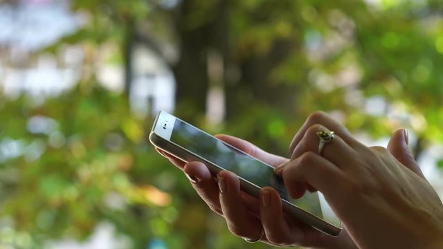 Woman hands browse social network site, typing message