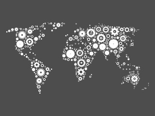 World map mosaic of white cog wheels on grey background. Industrial theme. Vector illustration.