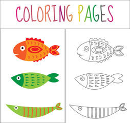 Coloring book page. Set fish. Sketch and color version. Coloring for kids. Vector illustration