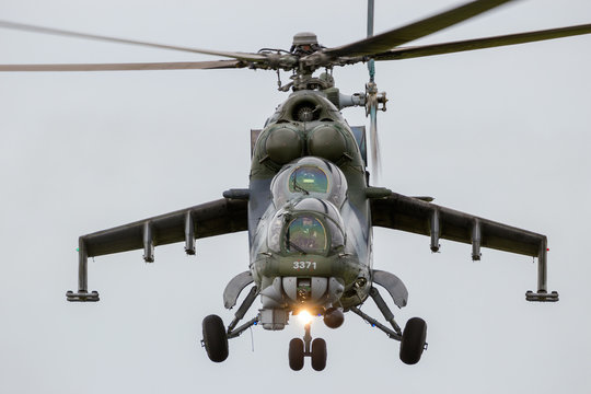Front view of a flying attack helicopter