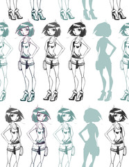 Seamless texture. Beautiful girl in high heels. Fashionable woman. Short haircut. Seamless texture. Seamless background. Repeated pattern.