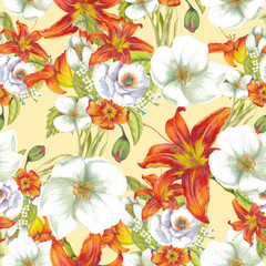 Hand drawn seamless pattern of orange lilies with white flowers