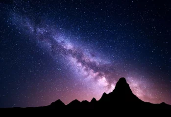 Foto op Canvas Night landscape with colorful Milky Way and mountain peak © den-belitsky