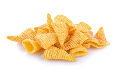 Crunchy corn snacks on a white background