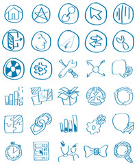 Vector set 30 of hand drawn doodles icon, blue color isolated on white