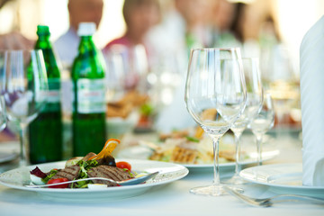 Empty glassware stand around the plate with fish