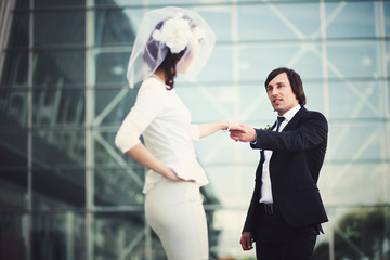 Handsome groom holds bride's hands posing in the front of glass