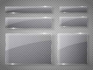Glass plates set. Vector glass banners on transparent background.