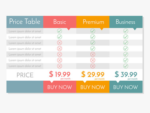 Vector pricing table for websites and applications.