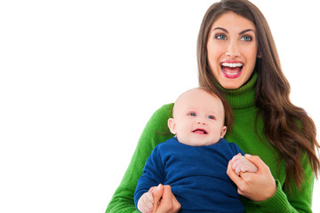 Happy mother with son over white background