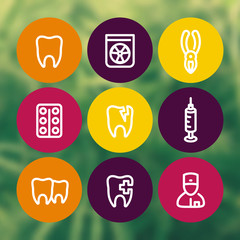 Tooth icons set, dentist, dental care, toothcare, stomatology, rontgen, line pictograms, vector illustration