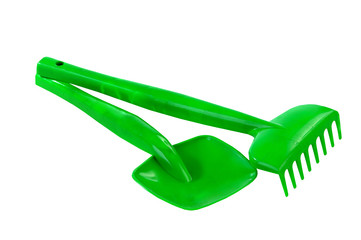  rake and shovel, toys isolated on white background