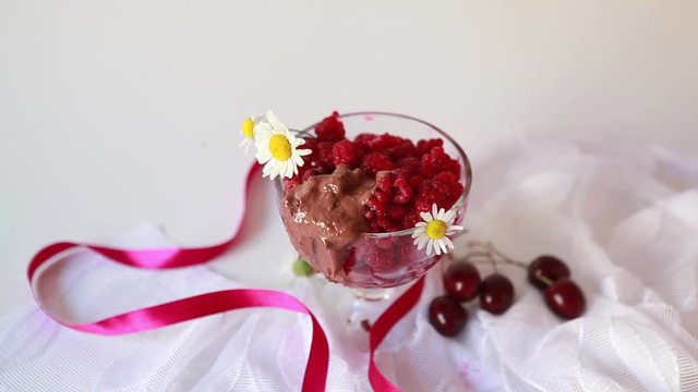 Raspberry dessert. Ripe raspberries