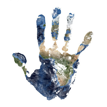 Real hand print combined with a map of our blue planet Earth - isolated on white background.
Elements of this image furnished by NASA