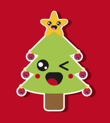 Merry Christmas and kawaii concept represented by pine tree cartoon icon. Colorfull and flat illustration
