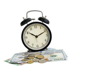 Isolated alarm clock on dollar money cash and coins - business c