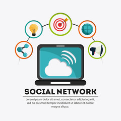 Social Network concept represented by laptop and  icon set. Colorfull and flat illustration
