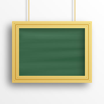 Chalkboard background with golden frame isolated on the white wall. Vector illustration