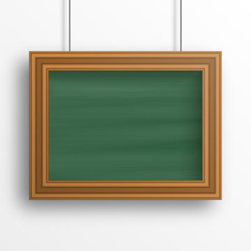 Chalkboard background with wooden frame isolated on the white wall. Vector illustration