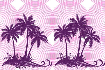 Fototapeta na wymiar Exotic Horizontal Seamless Pattern, Tropical Landscape, Palms Trees and Grass Silhouettes on Background with Pink Rings. Vector