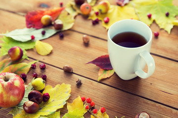 close up of tea cup on table with autumn leaves