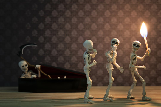 Scarry skeletons in dark place with a torch