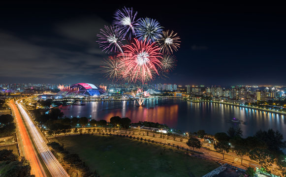 Singapore National Stadium with firework show in Singapore Natio