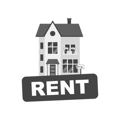 Rent sign with house. Home for rental. Vector illustration in flat style.
