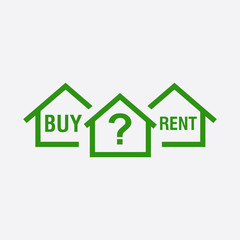 Buy or rent house. Green home symbol with the question. Vector illustration in flat style on white background.
